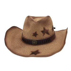 Cappello da cowboy vintage in paglia con motivo a stelle ed emblema testa di toro
