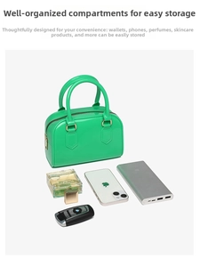 Internal storage detail of green jelly Boston bag showing space for phone and keys