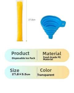 Detail showing food-grade PE popsicle bags 27.8x5.5cm with blue silicone funnel