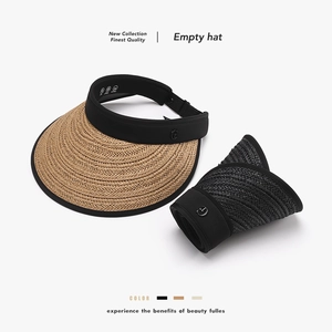 Women's Empty Top Sun Hat High UV Protection Straw Woven Brim Adjustable Foldable Breathable Visor For Outdoor Beach