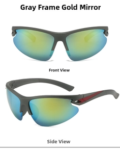 Front and side view of matte gray sports sunglasses with gold mirrored lenses