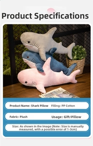 Detailed stacked view of soft plush shark toys in grey, blue, and pink with PP cotton filling