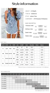 Detailed size guide table with measurements for floral print short sleeve t-shirt top