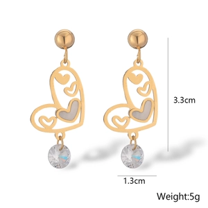 Detail view of hollow heart earrings with crystal drops, size 3.3cm and weight 5g