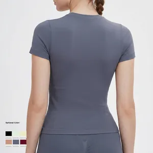 T-shirt da yoga senza cuciture a maniche corte blu-grigio scuro con vita a costine