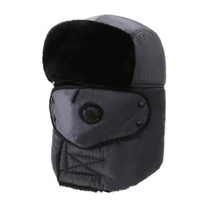 Cappello da aviatore invernale grigio scuro con fodera in pelliccia e maschera con valvola