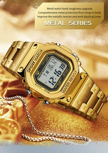 Macro shot of gold square digital sport watch with 50M water resist metal body