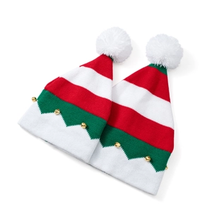 Christmas elf knit beanies with red green patterns, pom poms and golden bells for family