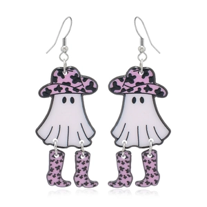 Halloween mushroom ghost earrings with pink cow print hat and boots on white backdrop