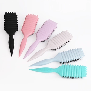 Curved bouncy hairbrushes with nylon pins in six assorted matte pastel colors on white