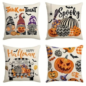 Set of four linen Halloween cushion covers featuring Spooky and Trick or Treat prints