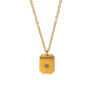 18k gold plated stainless steel necklace with sunburst star engraved square pendant