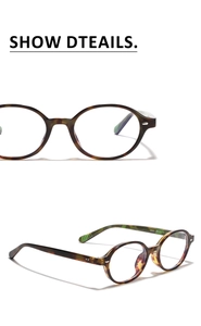 Detail view of oval tortoiseshell eyewear frames with metal hinges and size specs