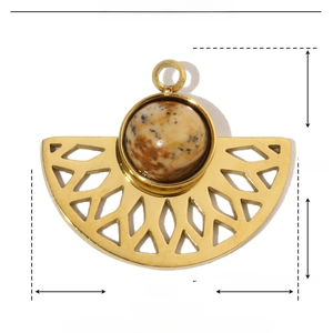 Detailed size chart of gold fan-shaped stainless steel pendant with natural stone inlay