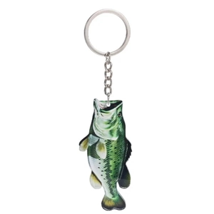Acrylic bass fish keychain with realistic green pattern and silver metal ring for fishing fans