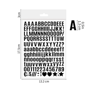 Detailed dimension guide for 0.5-inch black alphabet and number vinyl stickers set