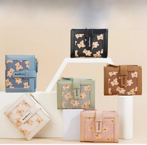 Short PU leather wallets for women featuring cute bear prints in six trendy pastel colors