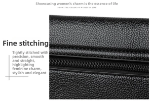 Detail view of premium black lychee leather bag showing precise stitching and zipper texture