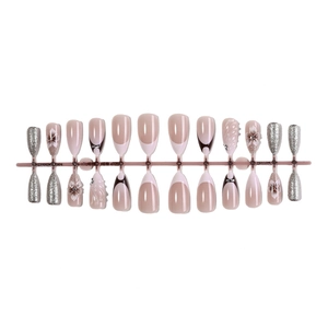 3D almond press-on nails with silver glitter, embossed floral designs and rhinestones