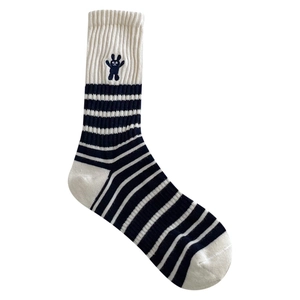Navy and white striped cotton mid-tube socks with cute black bunny embroidery