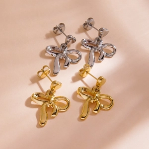 Bow Knot Heart Pendant Earrings Stainless Steel 14K Gold Plated Ins Style Delicate Jewelry For Women Elegant Earring