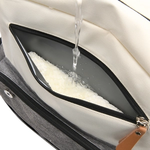 Waterproof diaper bag backpack with wet-dry separation pocket in gray and cream canvas