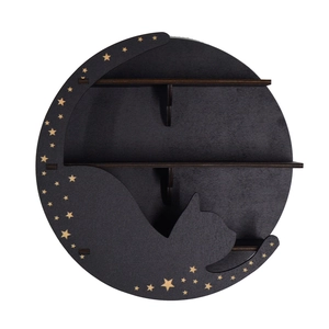 Detail of black wooden cat and moon shelf with gold stars and two display levels