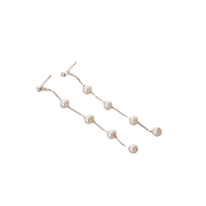 Elegant long tassel earrings with natural freshwater pearls and silver metal chain