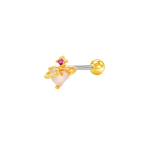 Detailed macro of golden heart planet ear bone stud with pink stone and star detail