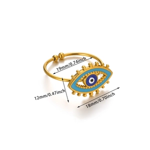 Detailed size chart showing 19mm x 12mm evil eye charm and 18mm adjustable ring band