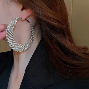 Eleganti orecchini a cerchio in argento con strass scintillanti indossati da una modella