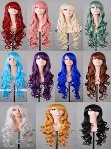 Detailed grid showing 11 vibrant colors of long wavy synthetic cosplay wigs for women