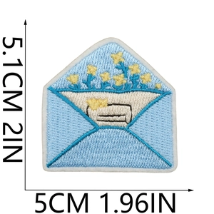 Detail of embroidered floral envelope patch with blue and yellow threads, 5.1cm size