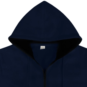 Detailed close-up of dark blue hoodie neckline with Size M label and knit fabric texture