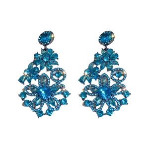 Elegant blue floral dangle earrings with crystal rhinestones on a clean white background