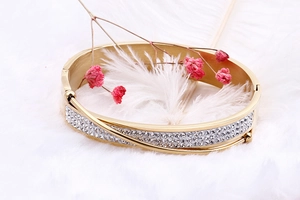 Detail of gold-plated stainless steel cuff bracelet with rhinestones on white feathers