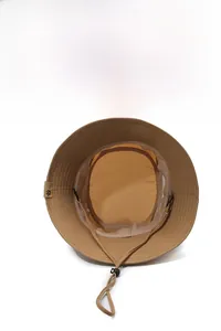 Detail of khaki sun hat featuring breathable mesh lining and adjustable chin strap cord