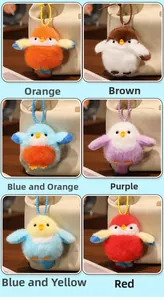 Détails d'un lot de porte-clés oiseaux en peluche colorés en six nuances différentes