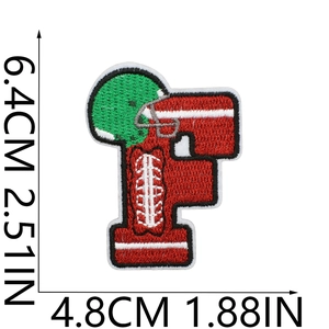 Detail of embroidered rugby patch with dimension lines showing 6.4cm height and 4.8cm width