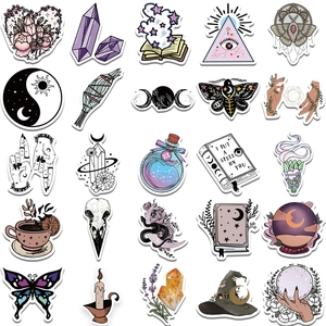 Collection of 25 unique bohemian witch stickers with moon, tarot and herbal motifs