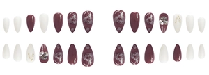 Detailed set of almond-shaped burgundy and white press-on nails with rhinestones and pearls