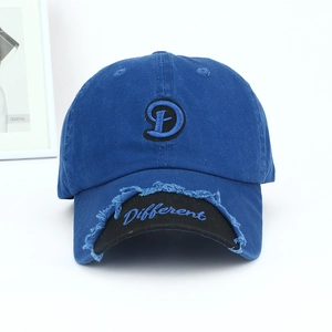 Distressed dark blue baseball cap with 3D letter D embroidery and contrast brim