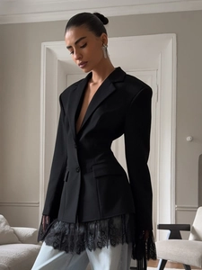 Women Elegant Blazer Jacket Lace Hem Cuffs Patchwork Slim Fit Office Lady Formal Long Sleeve Outerwear Polyester