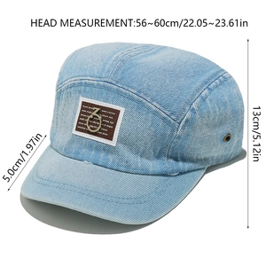 Detail view of washed denim 5-panel cap with brown leather patch and size measurements