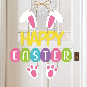 Easter Door Hanging Decoration Paper Happy Easter Letter Sign With Rabbit Ears And Paws Colorful Egg For Party Home Decor