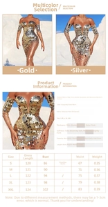 Size guide for sequin evening dress showing detailed measurements for S to XXL sizes