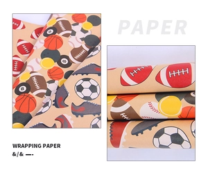 Detail view of football themed kraft wrapping paper featuring various sports ball patterns