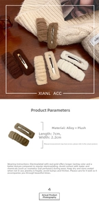 Detailed view of plush hair clips with alloy plating and dimensions 7cm x 2.2cm