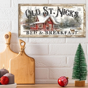 Vintage wooden Christmas welcome sign with red country house and reindeer for home decor