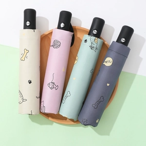 Automatic tri-fold umbrellas in beige, pink, mint, and navy with cute cat patterns
